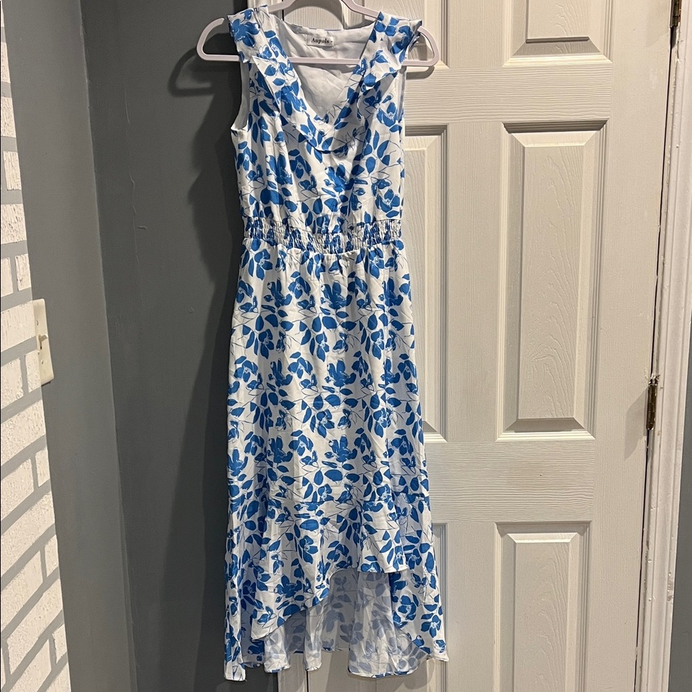 Elegant Blue Floral High Low Dress